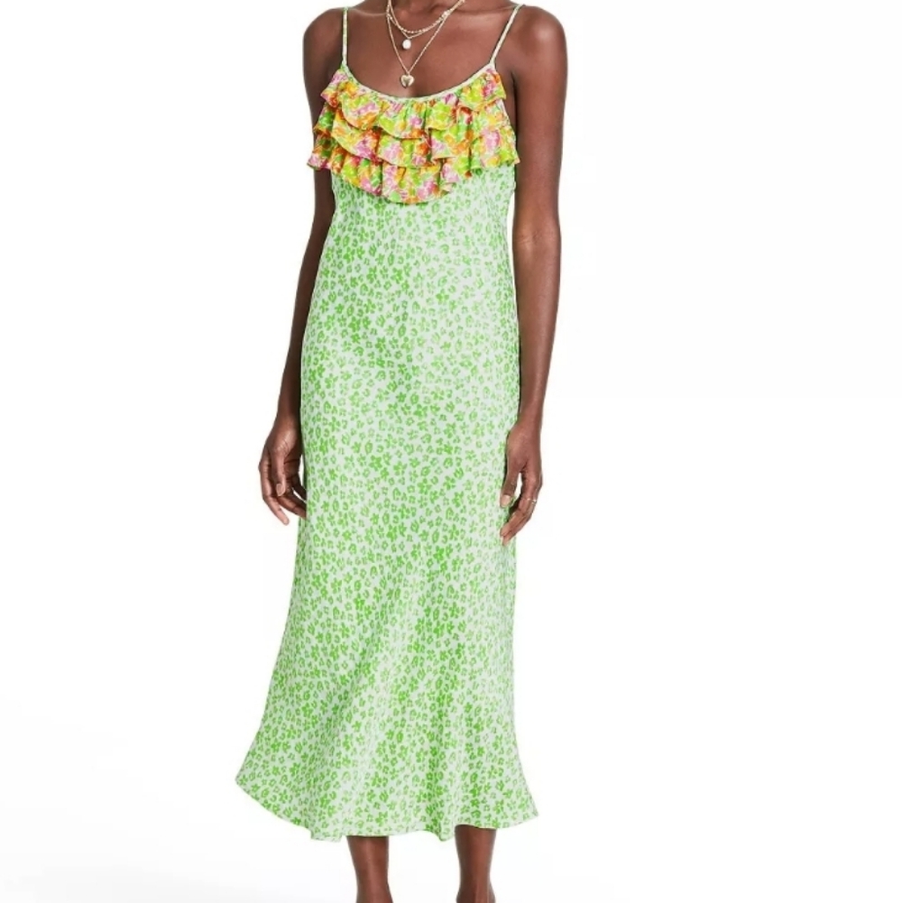 Rixo X Target Green Leopard Ruffle Slip Midi Dress M Vibrant Colorful Summer